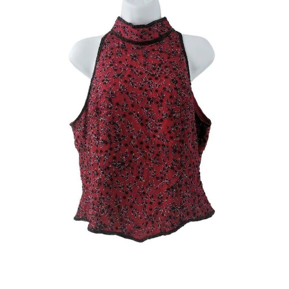 Vintage Red Silk Sleeveless Top with Gold Thread & Black Beaded Embellishments - Picture 4 of 5